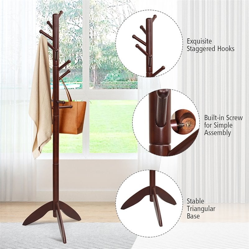 Pemberly Row Rubber Wood Adjustable Height Coat Rack with 11 Hooks in Walnut