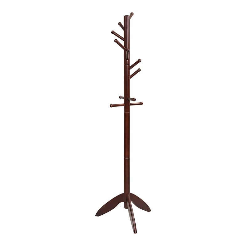 Pemberly Row Rubber Wood Adjustable Height Coat Rack with 11 Hooks in Walnut