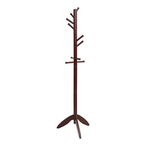 Pemberly Row Rubber Wood Adjustable Height Coat Rack with 11 Hooks in Walnut