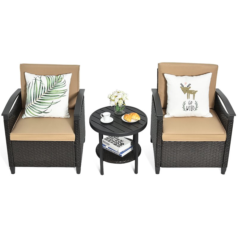 Pemberly Row 3-piece Contemporary Rattan Patio Furniture Set with Shelf in Brown