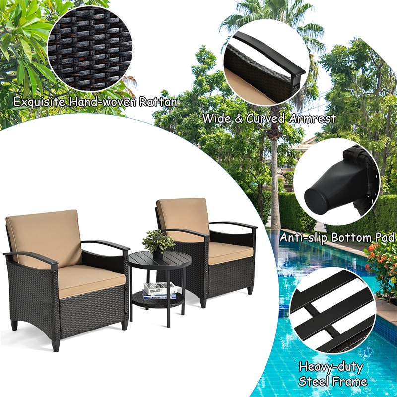 Pemberly Row 3-piece Contemporary Rattan Patio Furniture Set with Shelf in Brown