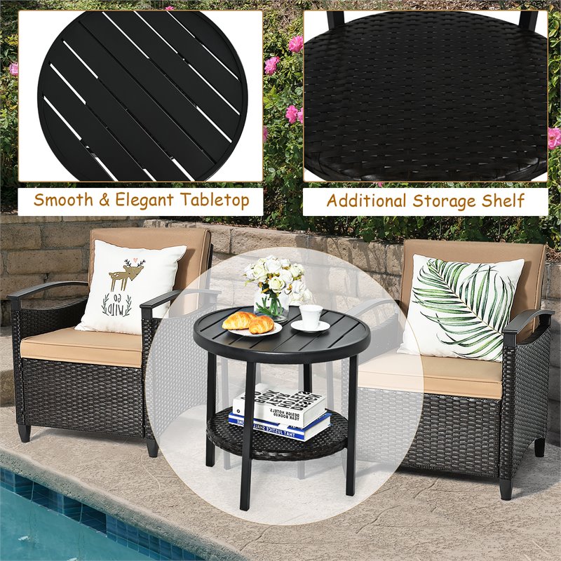 Pemberly Row 3-piece Contemporary Rattan Patio Furniture Set with Shelf in Brown