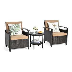 Pemberly Row 3-piece Contemporary Rattan Patio Furniture Set with Shelf in Brown