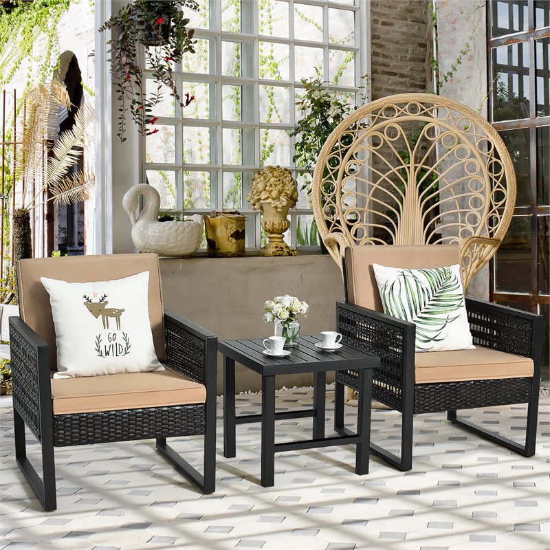 Pemberly Row 3-Pc Rattan Patio Bistro Set w/ Cushioned Sofa Chairs in Mix Brown
