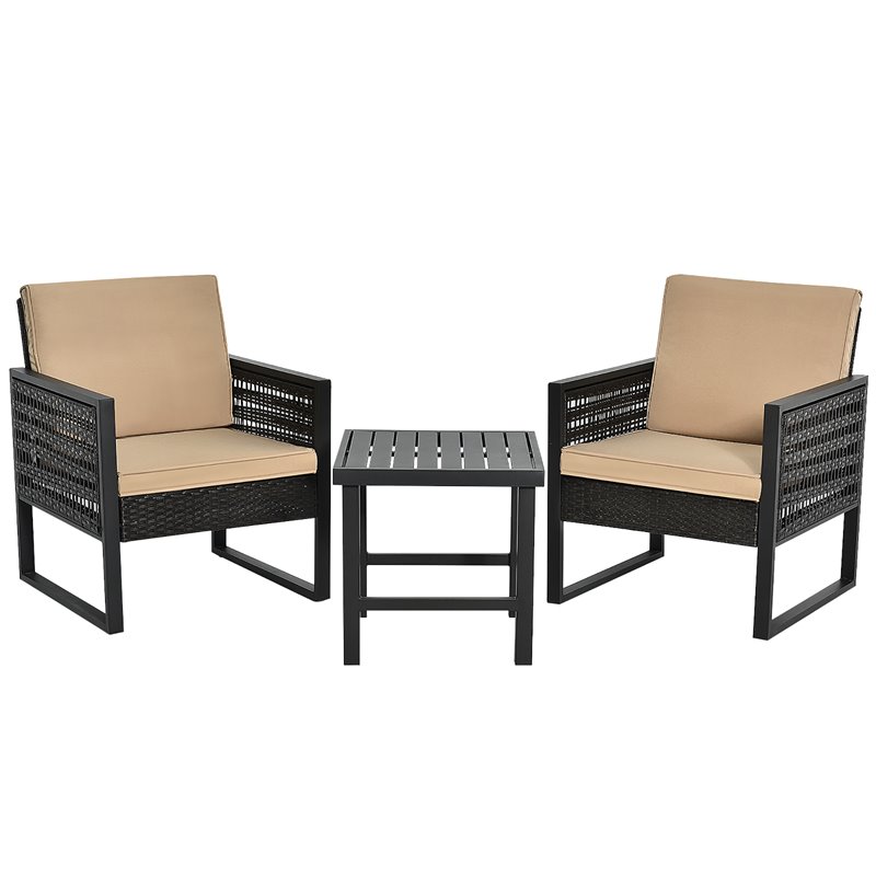 Pemberly Row 3-Pc Rattan Patio Bistro Set w/ Cushioned Sofa Chairs in Mix Brown