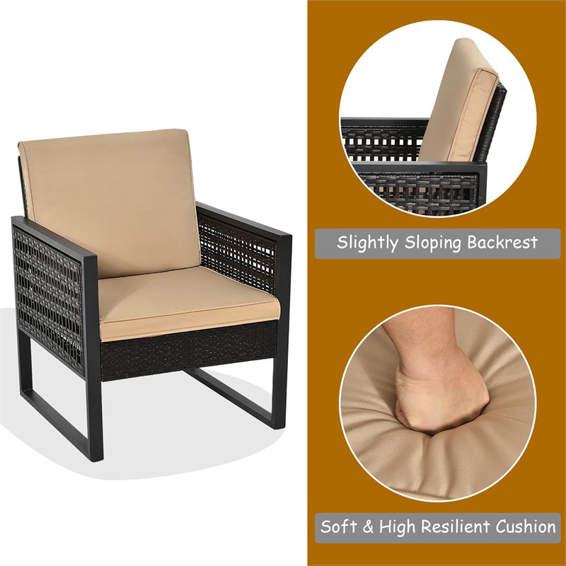 Pemberly Row 3-Pc Rattan Patio Bistro Set w/ Cushioned Sofa Chairs in Mix Brown