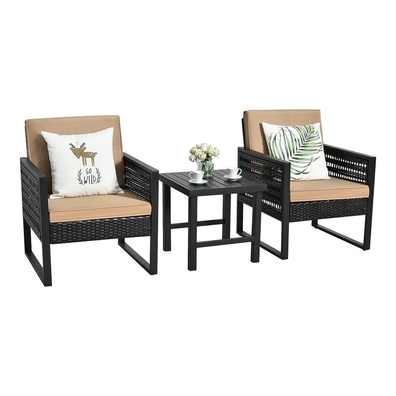 Pemberly Row 3-Pc Rattan Patio Bistro Set w/ Cushioned Sofa Chairs in Mix Brown