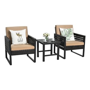 Pemberly Row 3-Pc Rattan Patio Bistro Set w/ Cushioned Sofa Chairs in Mix Brown