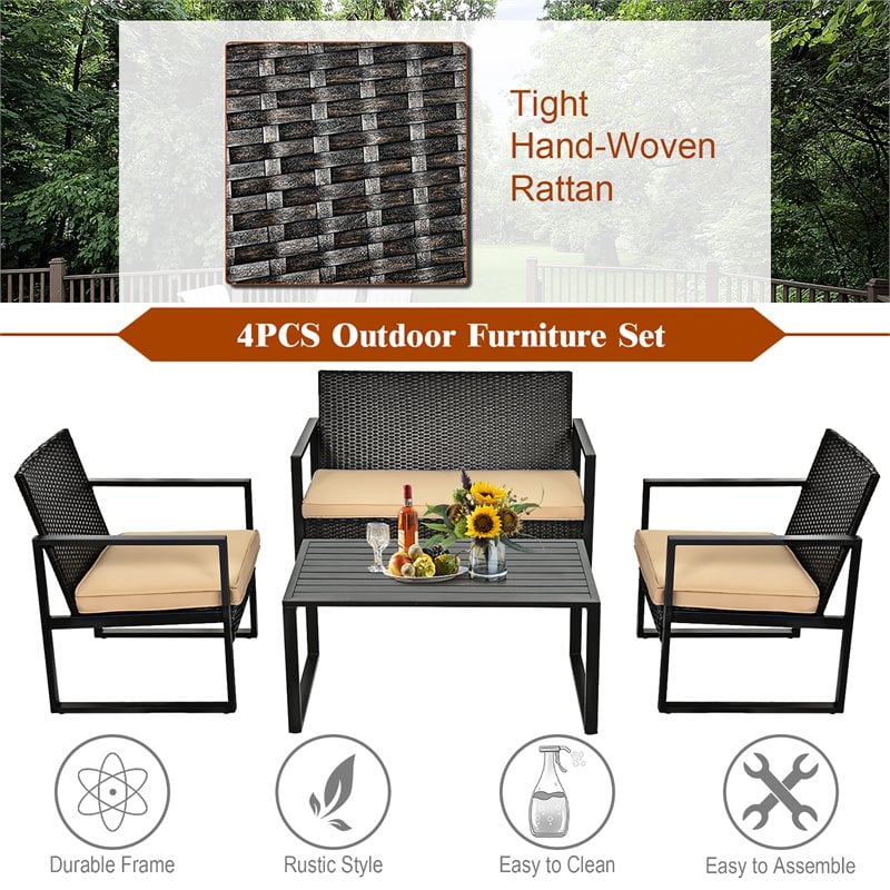 Pemberly Row 4-piece Contemporary Rattan Patio Furniture Set in Brown