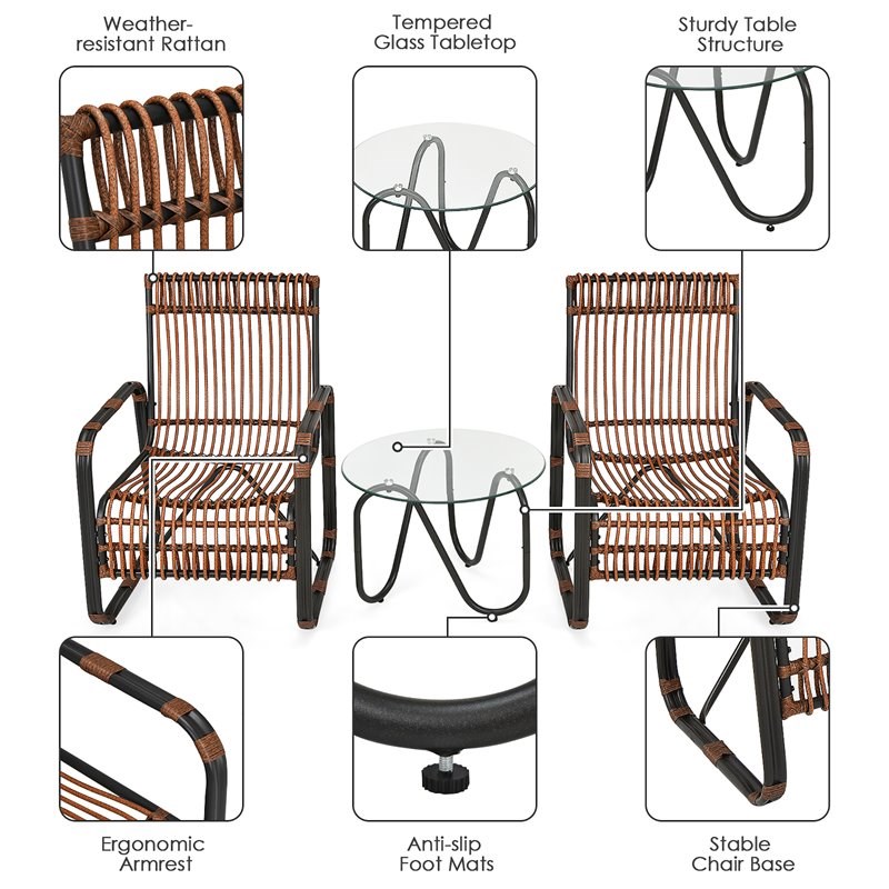 Pemberly Row 3-piece Contemporary Rattan Patio Furniture Set in Brown