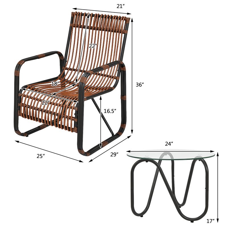 Pemberly Row 3-piece Contemporary Rattan Patio Furniture Set in Brown