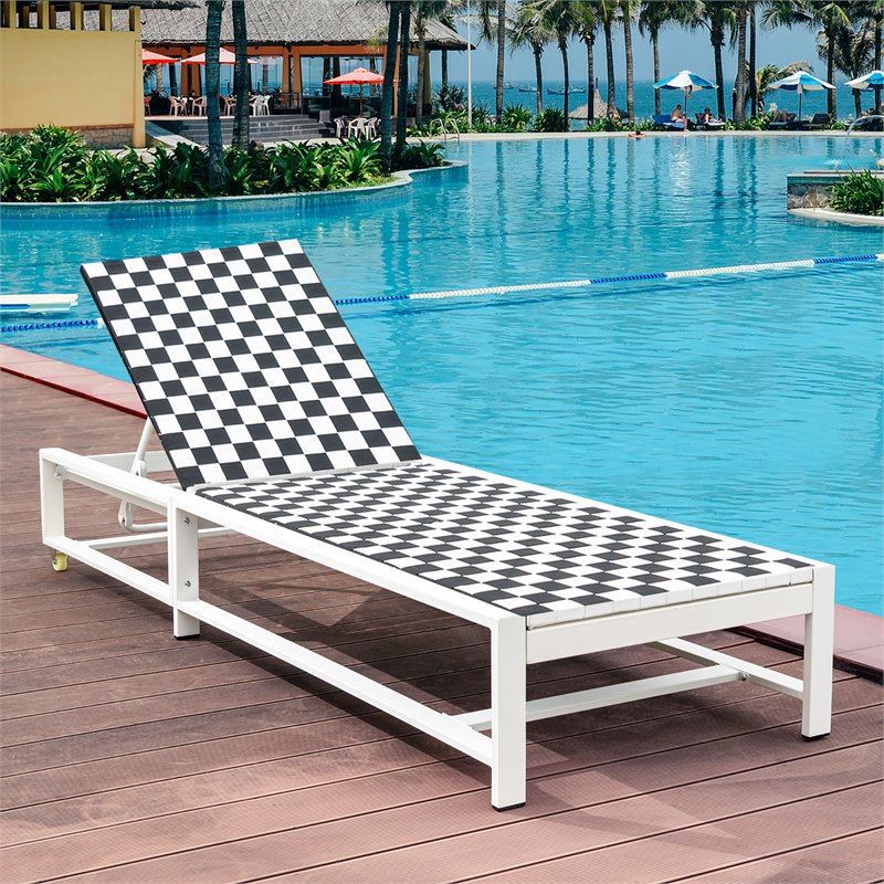 Pemberly Row Adjustable Patio Lounge Chaise Reclining with Wheel in Black