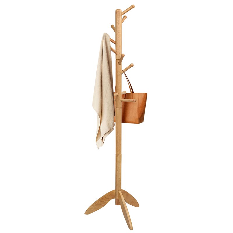 Pemberly Row Rubber Wood Adjustable Height Coat Rack with 11 Hooks in Oak