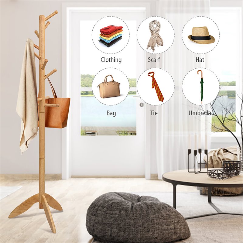 Pemberly Row Rubber Wood Adjustable Height Coat Rack with 11 Hooks in Oak