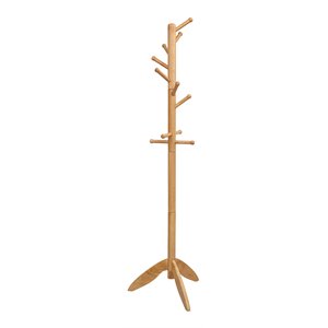 Pemberly Row Rubber Wood Adjustable Height Coat Rack with 11 Hooks in Oak