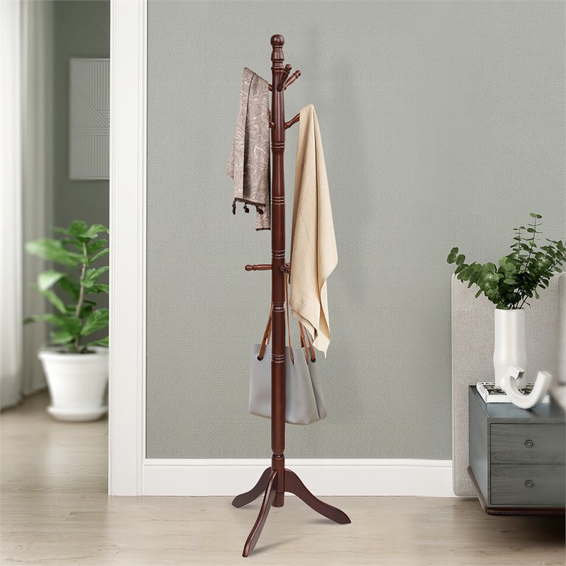 Pemberly Row Rubber Wood Adjustable Height Coat Rack with 9 Hooks in Walnut