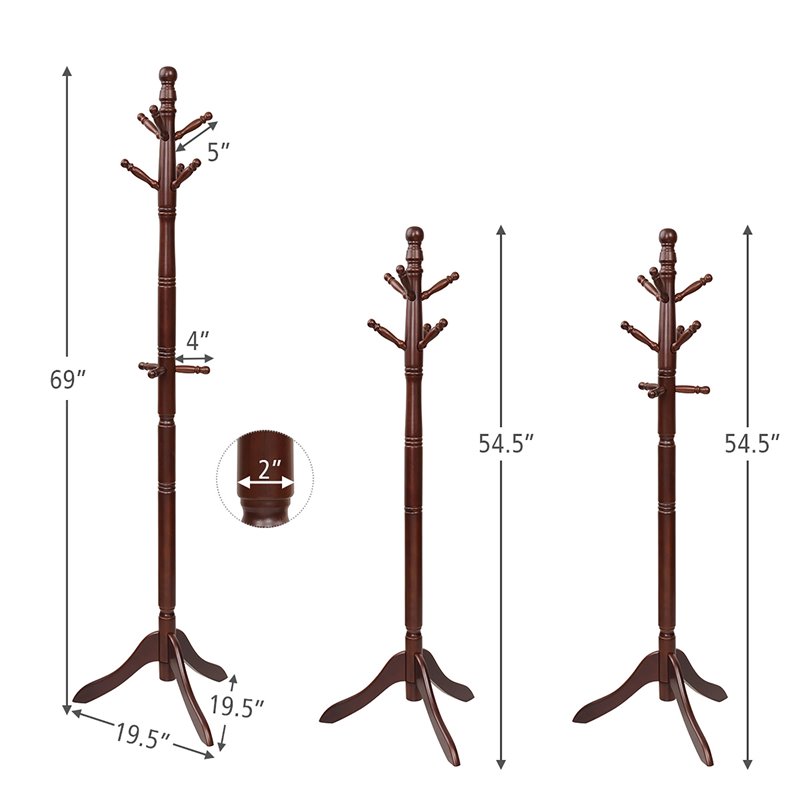 Pemberly Row Rubber Wood Adjustable Height Coat Rack with 9 Hooks in Walnut