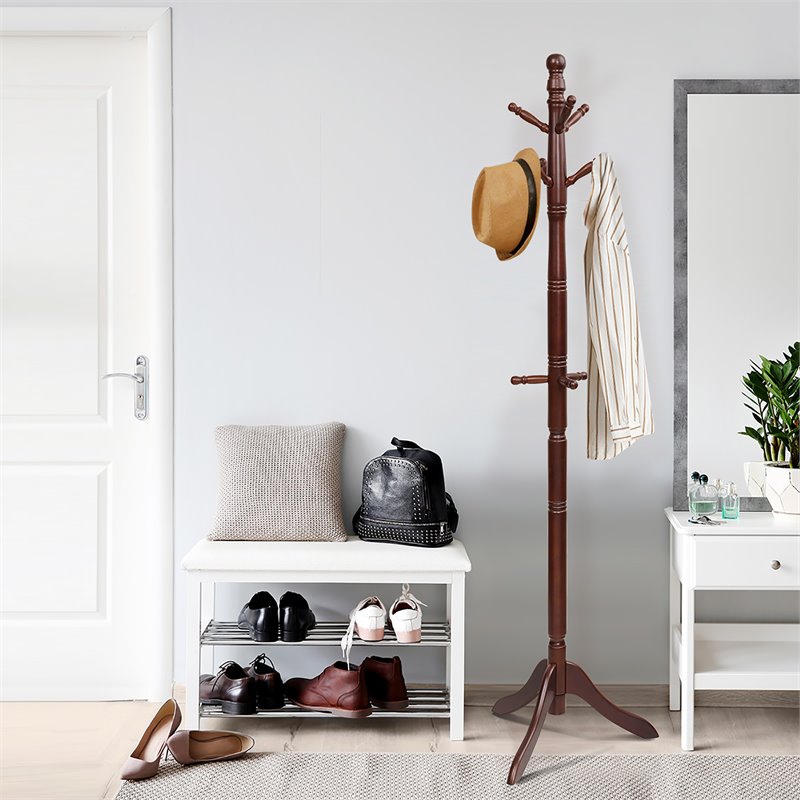 Pemberly Row Rubber Wood Adjustable Height Coat Rack with 9 Hooks in Walnut