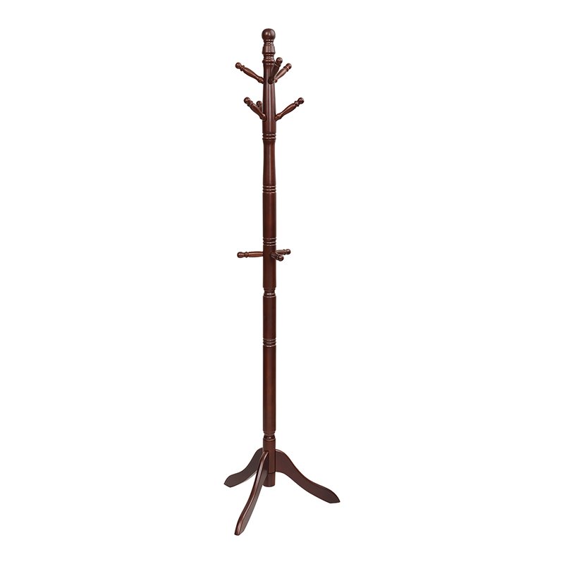 Pemberly Row Rubber Wood Adjustable Height Coat Rack with 9 Hooks in Walnut