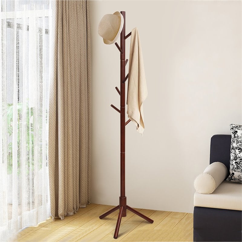 Pemberly Row Rubber Wood Two Heights Coat Rack with 8 Hooks in Walnut