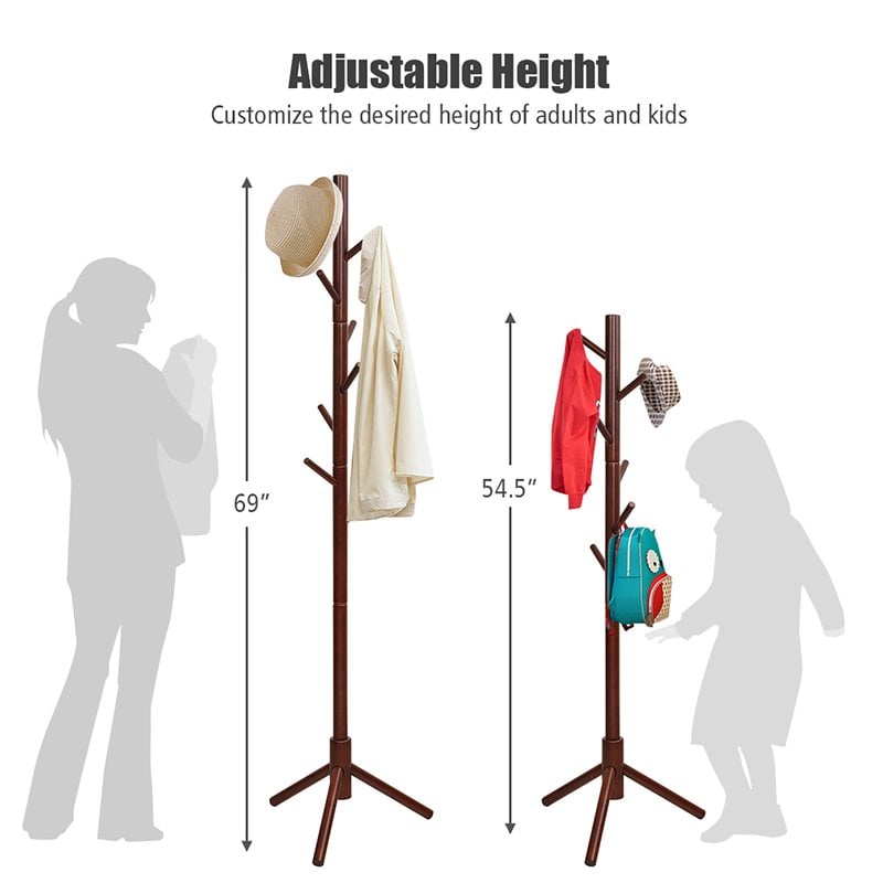 Pemberly Row Rubber Wood Two Heights Coat Rack with 8 Hooks in Walnut