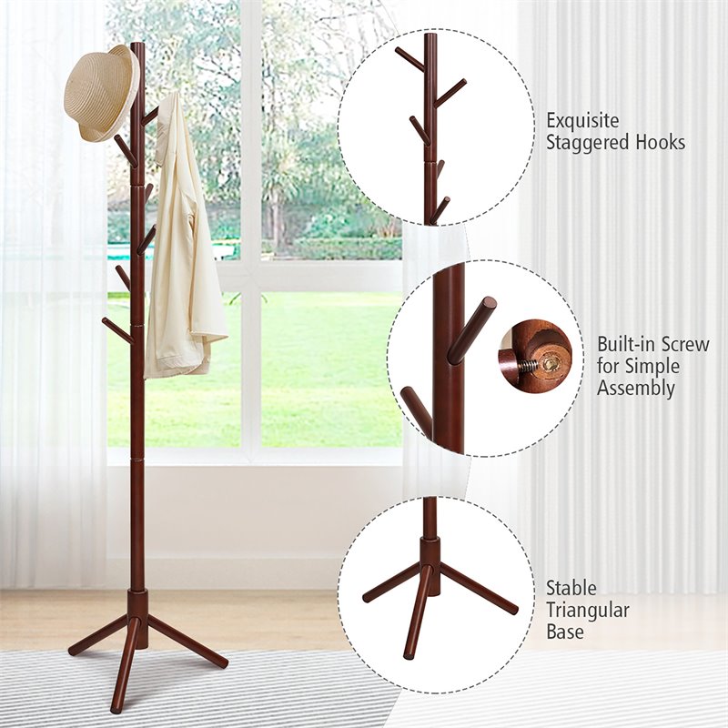 Pemberly Row Rubber Wood Two Heights Coat Rack with 8 Hooks in Walnut