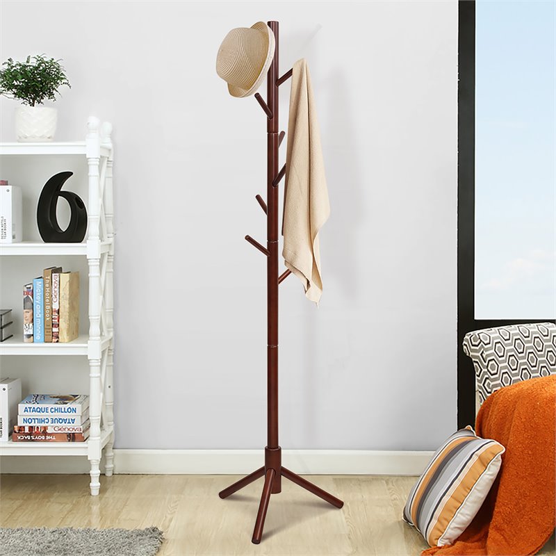 Pemberly Row Rubber Wood Two Heights Coat Rack with 8 Hooks in Walnut