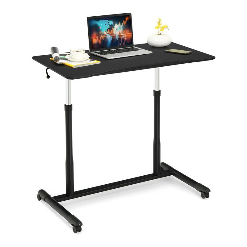 Pemberly Row Contemporary Wood Adjustable Height Rolling Computer Desk in Black