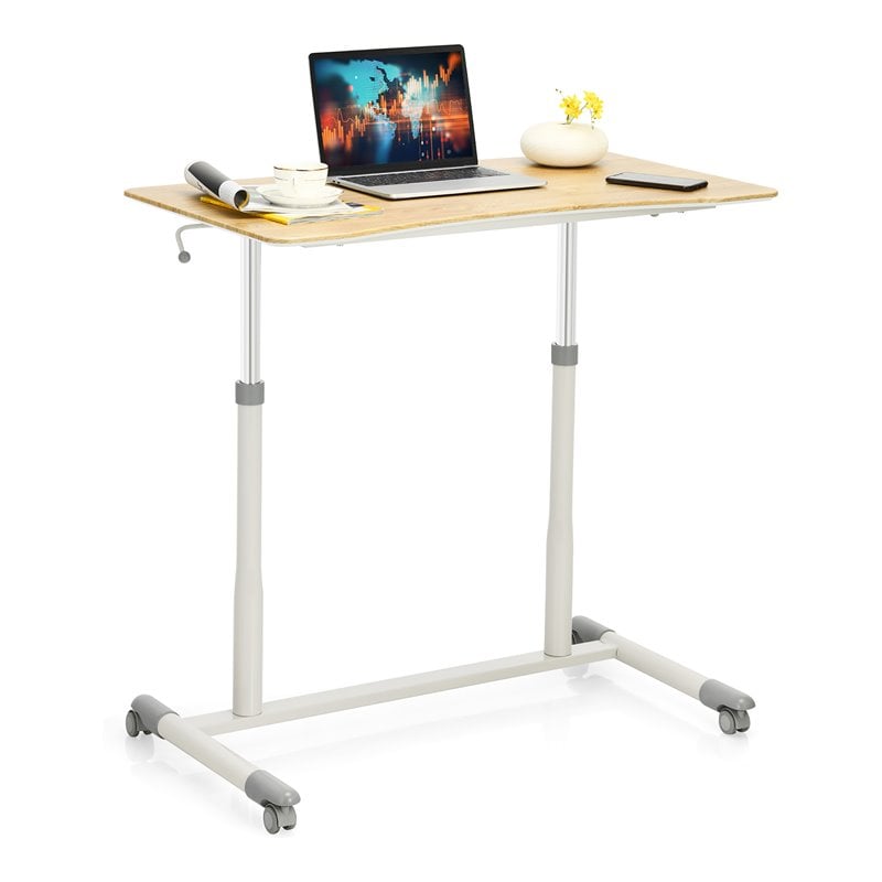 Pemberly Row Wood Adjustable Height Rolling Computer Desk in Natural