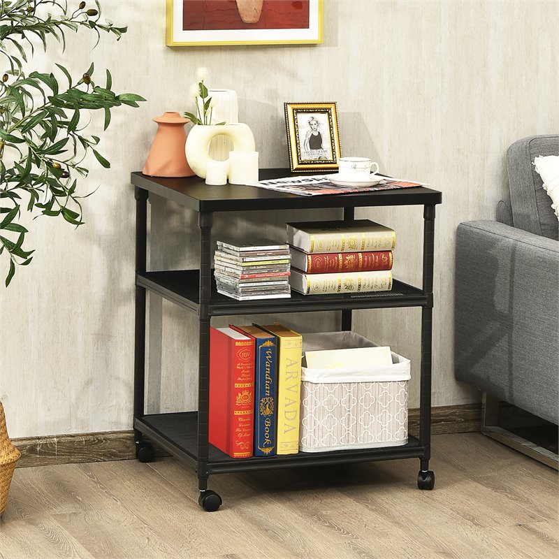 Pemberly Row 3-Tier Wood & Iron Rolling Fax Cart w/ Shelf & Swivel Wheel - Black