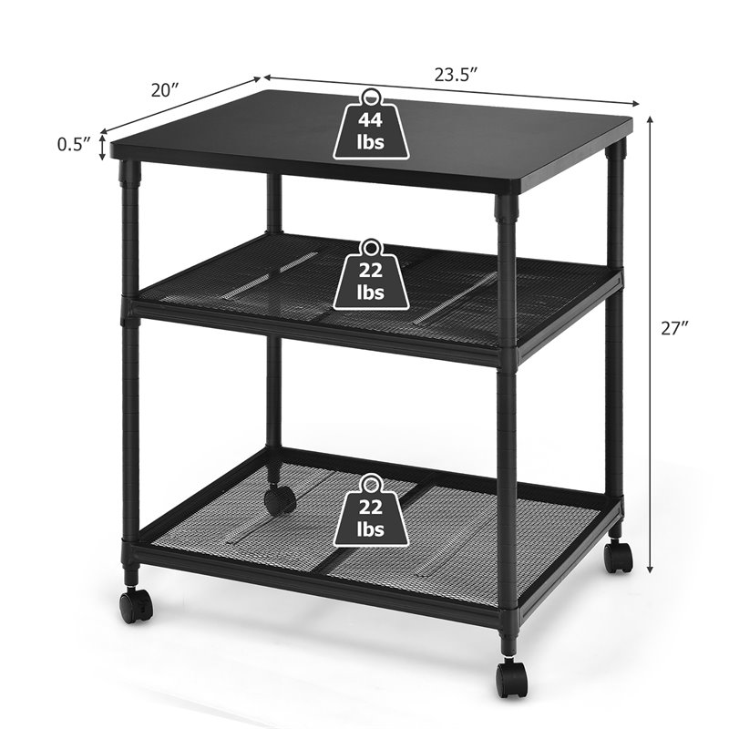 Pemberly Row 3-Tier Wood & Iron Rolling Fax Cart w/ Shelf & Swivel Wheel - Black