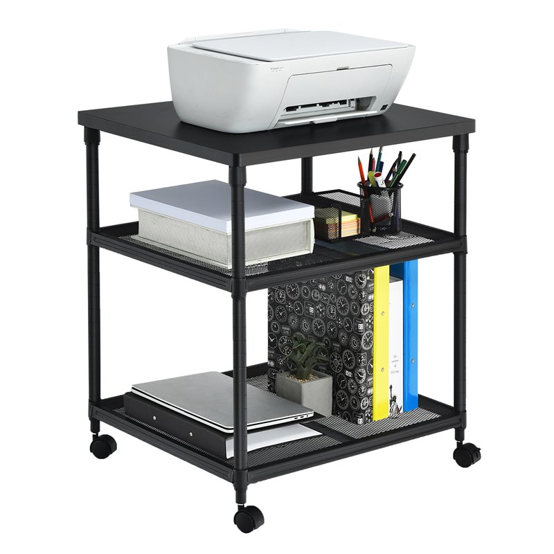 Pemberly Row 3-Tier Wood & Iron Rolling Fax Cart w/ Shelf & Swivel Wheel - Black
