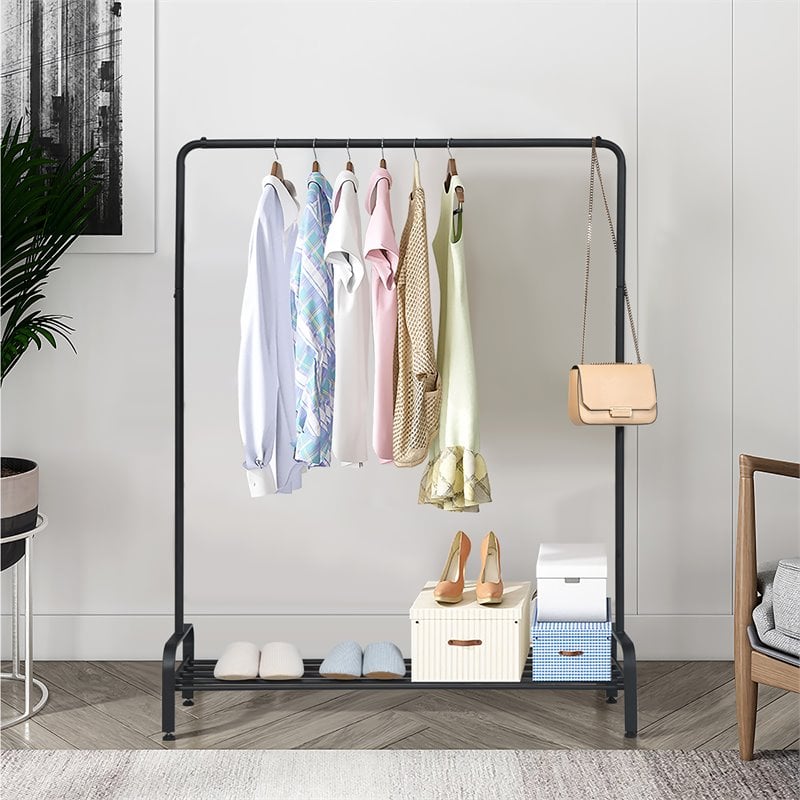 Pemberly Row Industrial Metal Garment Rack/Heavy Duty Floor Cloth Rack in Black
