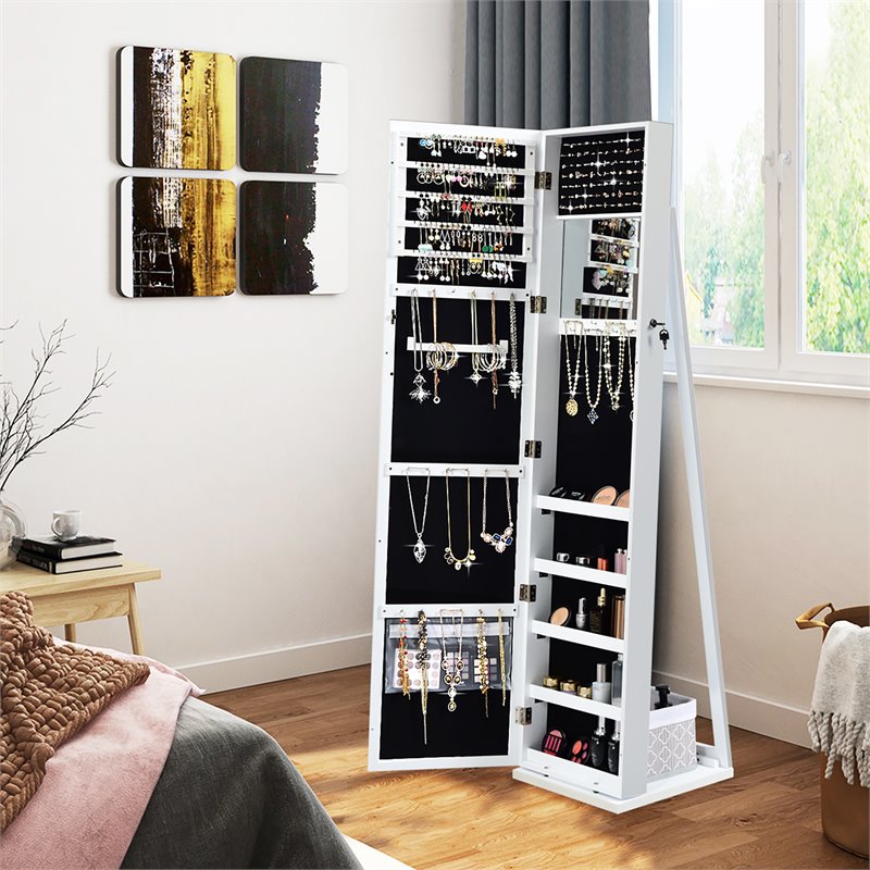 Pemberly Row Mirrored Jewelry Cabinet Lockable Standing Storage Organizer-White
