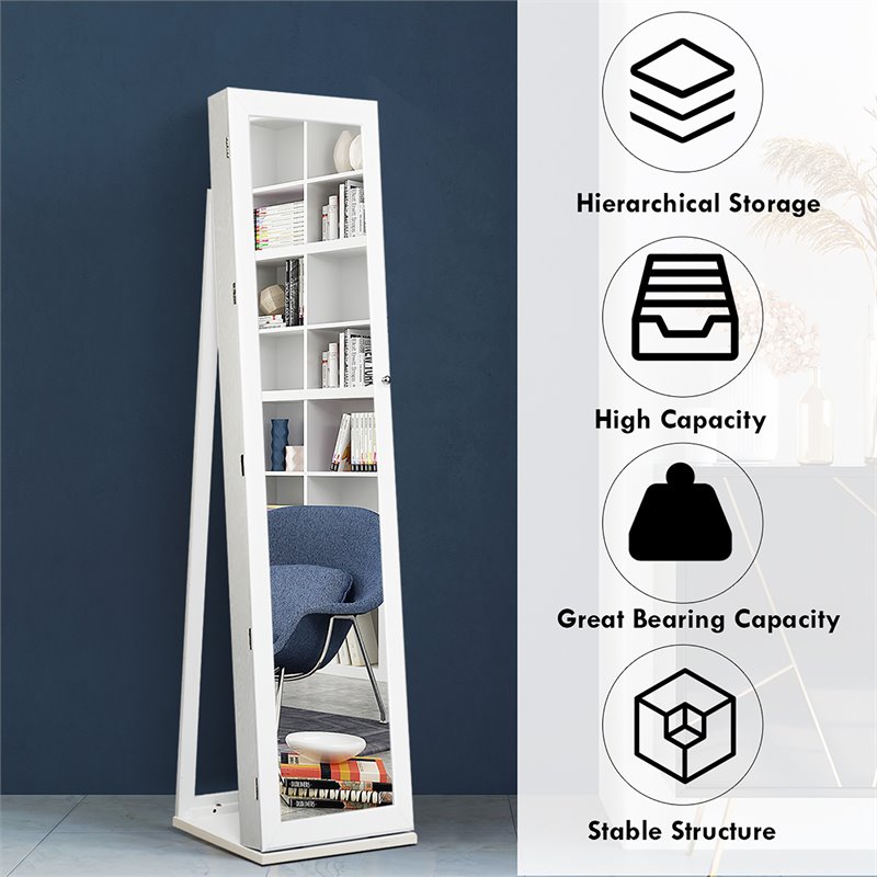 Pemberly Row Mirrored Jewelry Cabinet Lockable Standing Storage Organizer-White