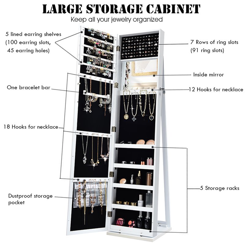 Pemberly Row Mirrored Jewelry Cabinet Lockable Standing Storage Organizer-White
