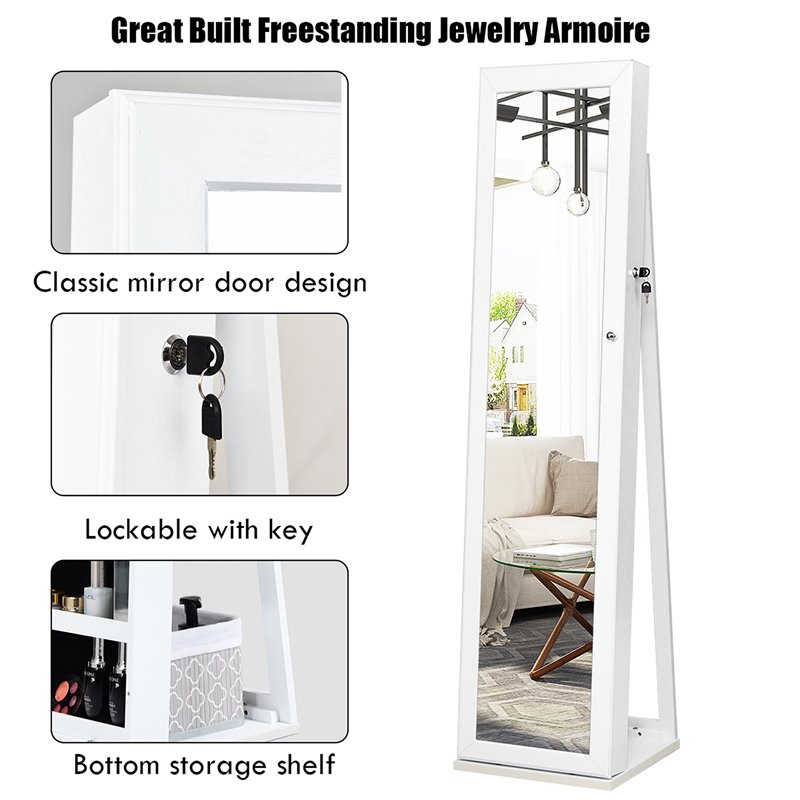 Pemberly Row Mirrored Jewelry Cabinet Lockable Standing Storage Organizer-White