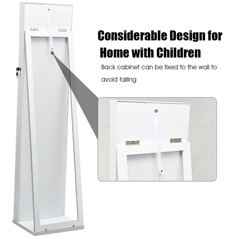 Pemberly Row Mirrored Jewelry Cabinet Lockable Standing Storage Organizer-White
