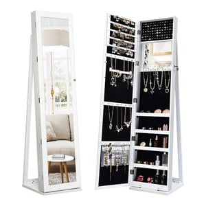 Pemberly Row Mirrored Jewelry Cabinet Lockable Standing Storage Organizer-White
