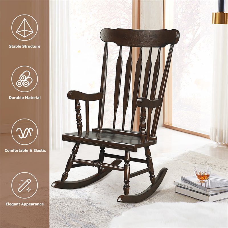 Pemberly Row Solid Wood Indoor/Outdoor Porch Rocking Chair in Glossy Coffee
