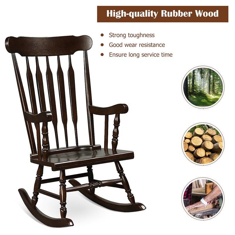 Pemberly Row Solid Wood Indoor/Outdoor Porch Rocking Chair in Glossy Coffee
