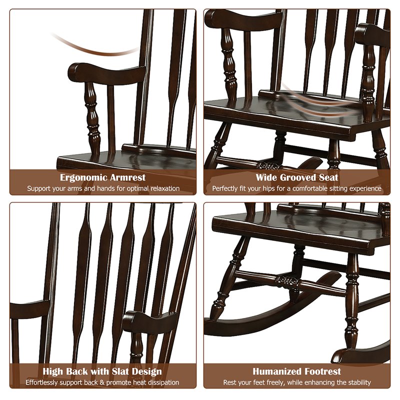 Pemberly Row Solid Wood Indoor/Outdoor Porch Rocking Chair in Glossy Coffee