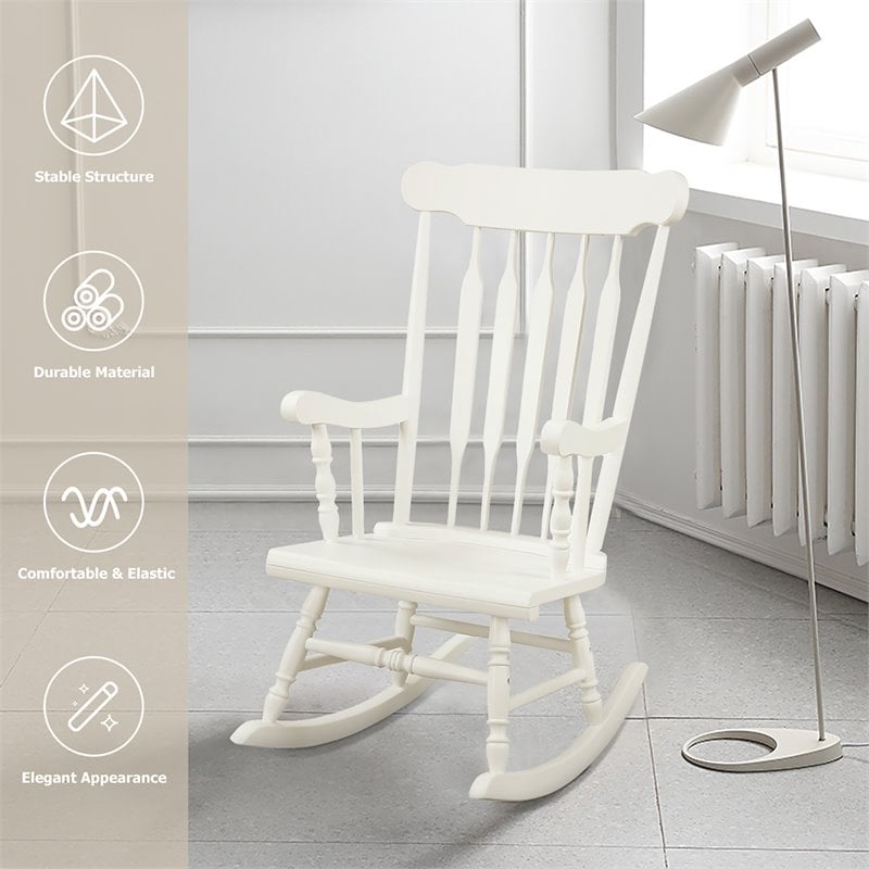 Pemberly Row Solid Wood Indoor/Outdoor Porch Rocking Chair in Glossy White