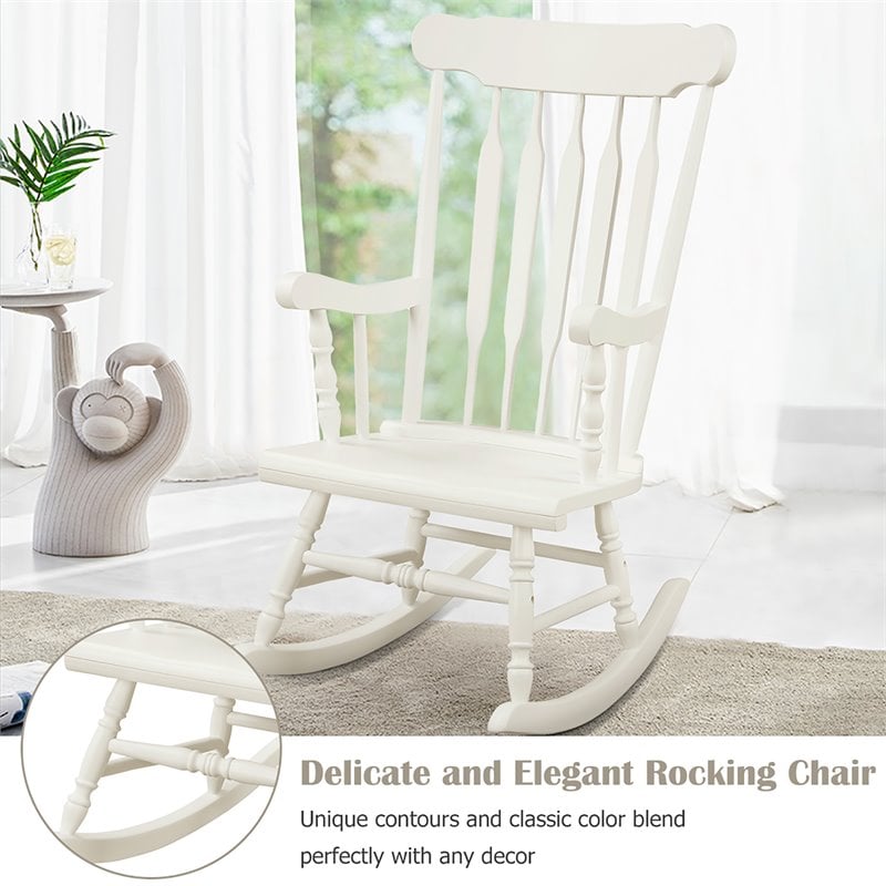 Pemberly Row Solid Wood Indoor/Outdoor Porch Rocking Chair in Glossy White