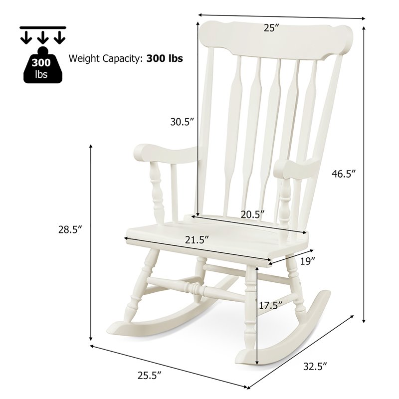 Pemberly Row Solid Wood Indoor/Outdoor Porch Rocking Chair in Glossy White