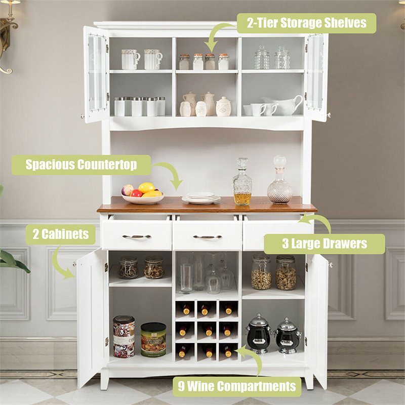 Pemberly Row Buffet & Hutch Kitchen Storage Cabinet Cupboard w/ Wine Rack-White