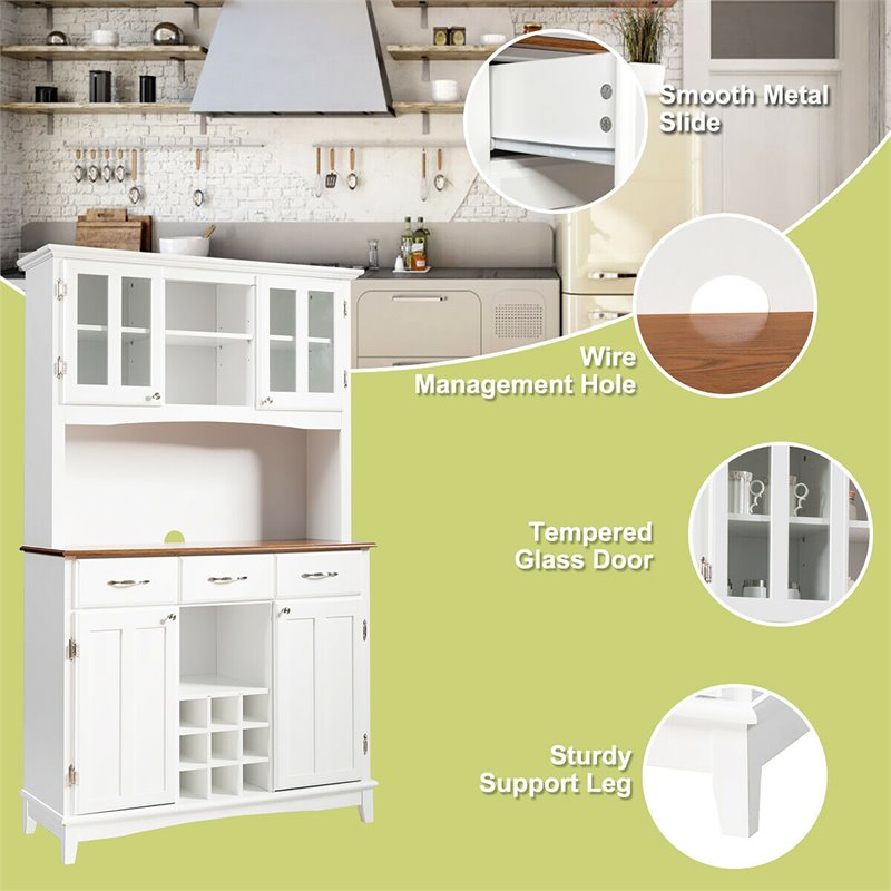 Pemberly Row Buffet & Hutch Kitchen Storage Cabinet Cupboard w/ Wine Rack-White