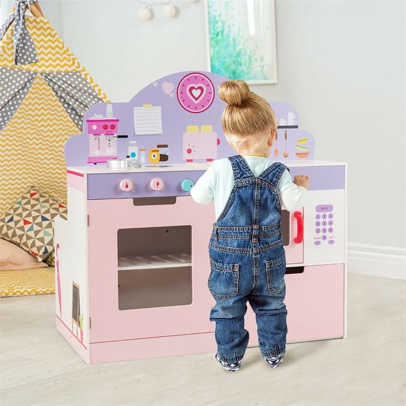 Pemberly Row 2-in-1 Kid Kitchen/Cafe Restaurant Pretend Cooking Playset Toy-Pink