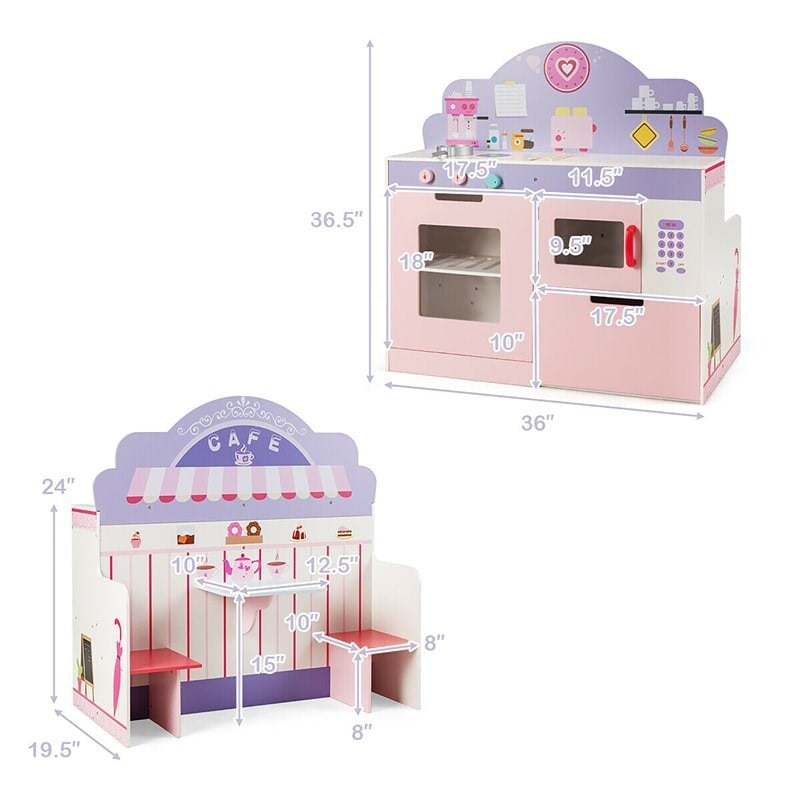 Pemberly Row 2-in-1 Kid Kitchen/Cafe Restaurant Pretend Cooking Playset Toy-Pink