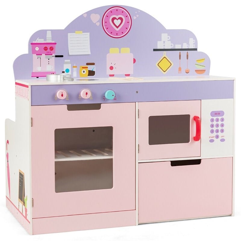Pemberly Row 2-in-1 Kid Kitchen/Cafe Restaurant Pretend Cooking Playset Toy-Pink